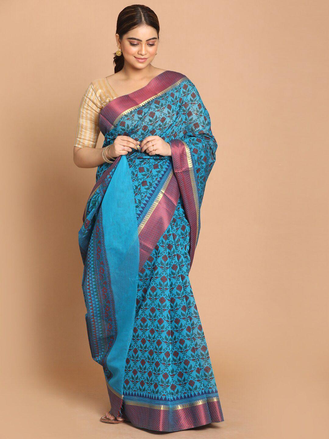 indethnic blue & maroon floral printed zari saree