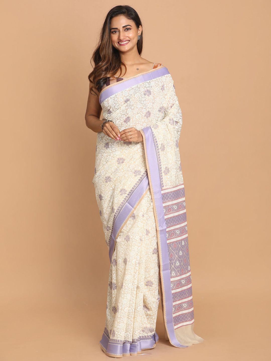 indethnic purple & white floral printed saree