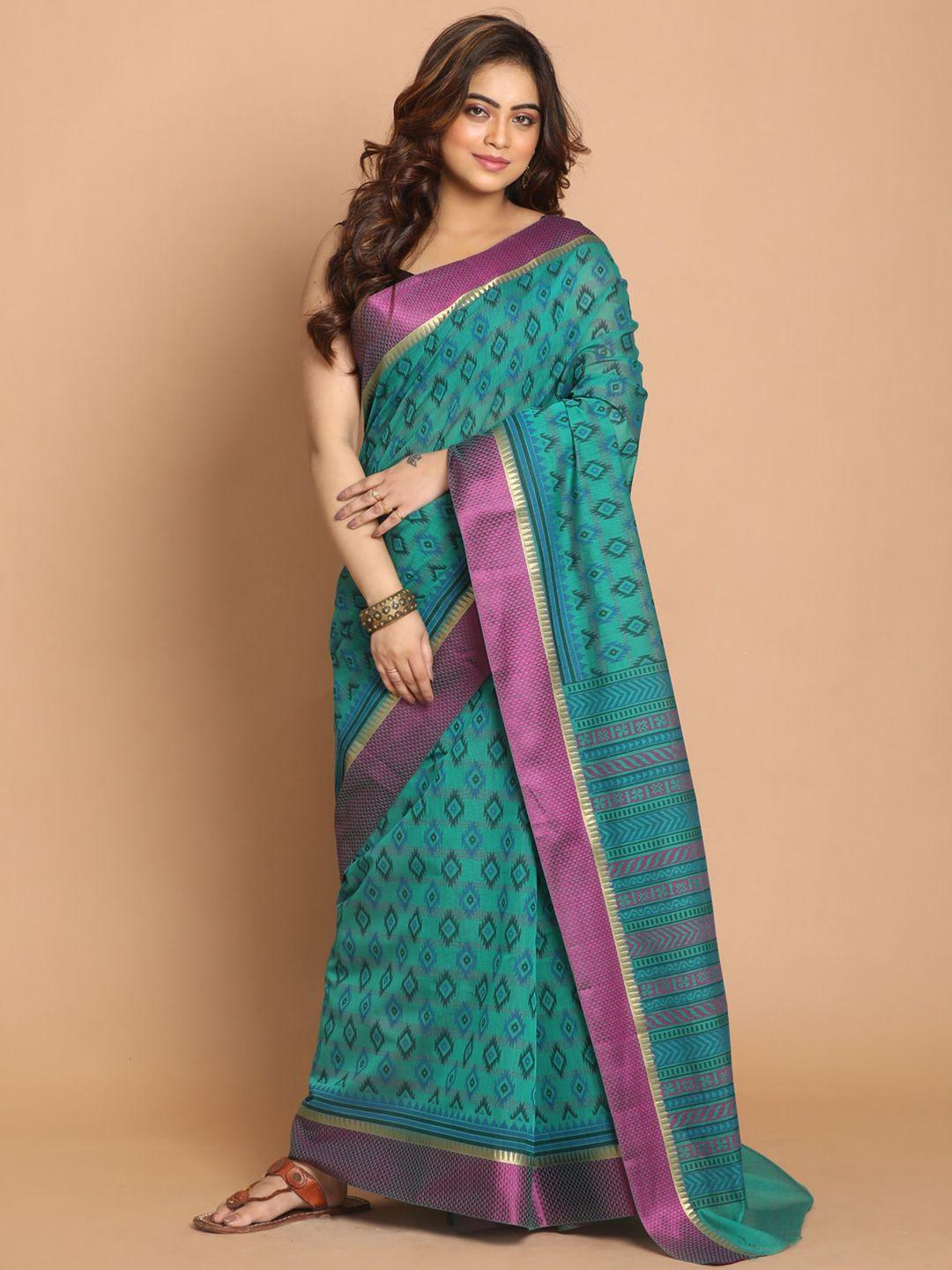 indethnic green & purple printed zari saree