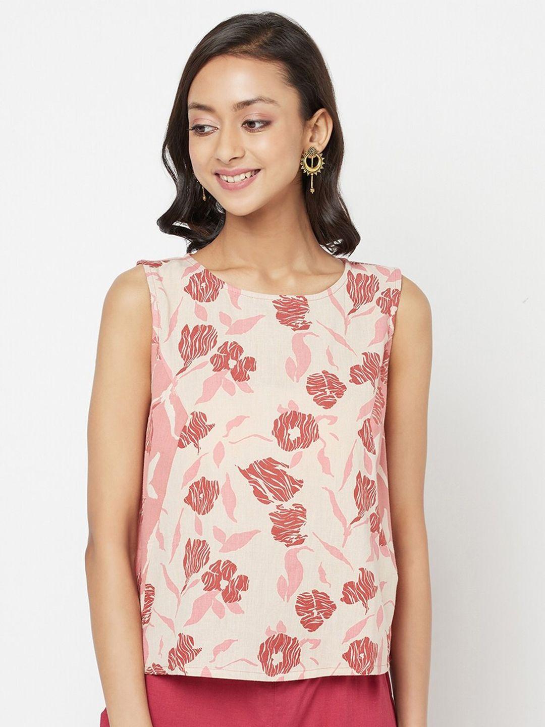 fabindia pink & red floral cotton linen top