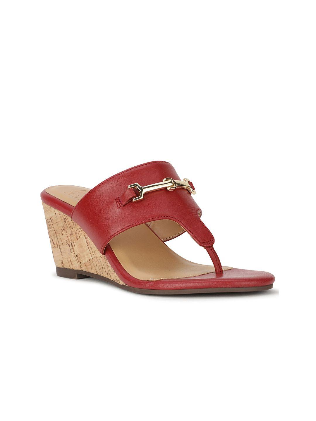 naturalizer women red & gold-toned embellished leather wedge heels