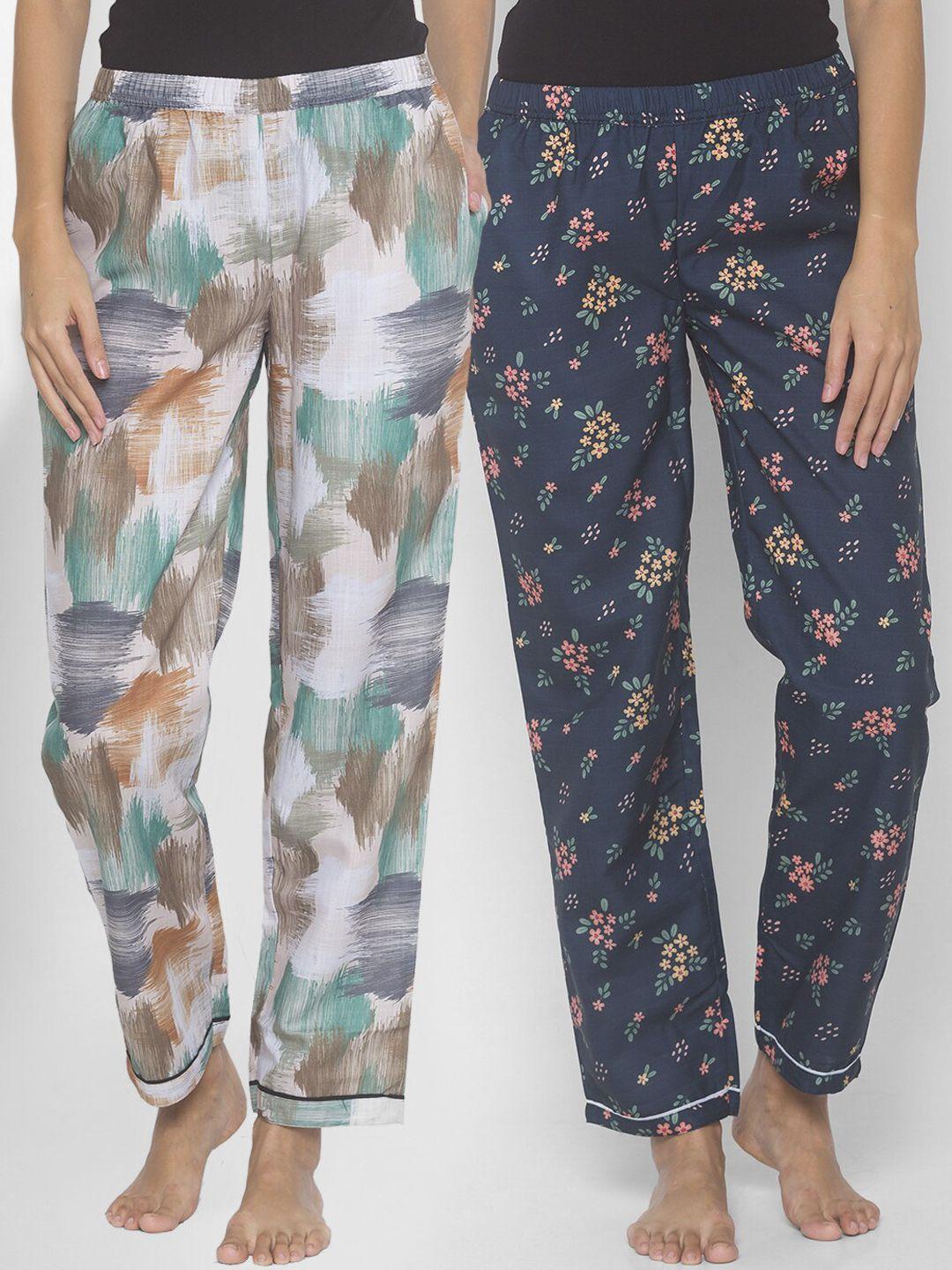 fashionrack women pack of 2 beige & navy blue cotton printed pyjamas