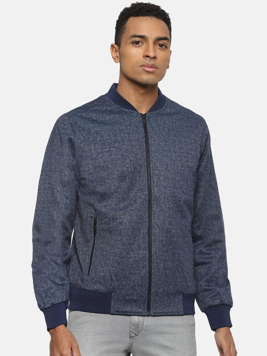 van heusen denim labs men navy blue self design bomber jacket