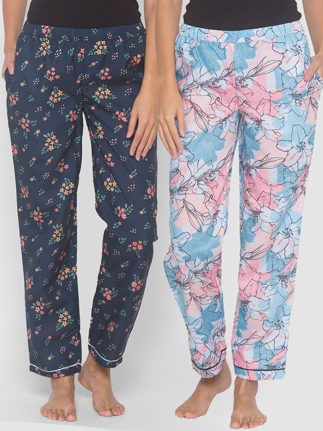 fashionrack women pack of 2 blue & navy blue printed pyjamas