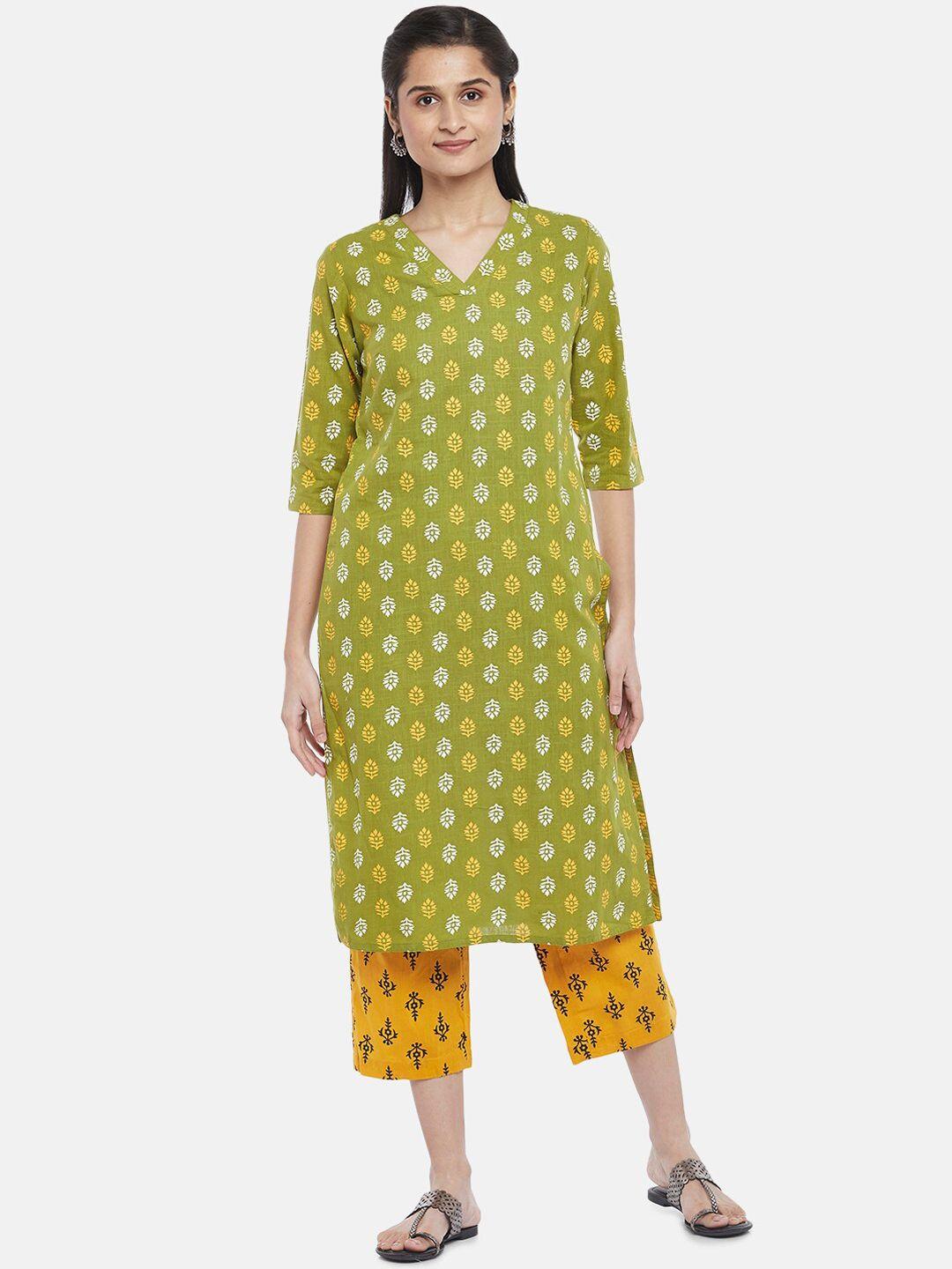 rangmanch by pantaloons women olive green ethnic printed pure cotton kurta with trousers