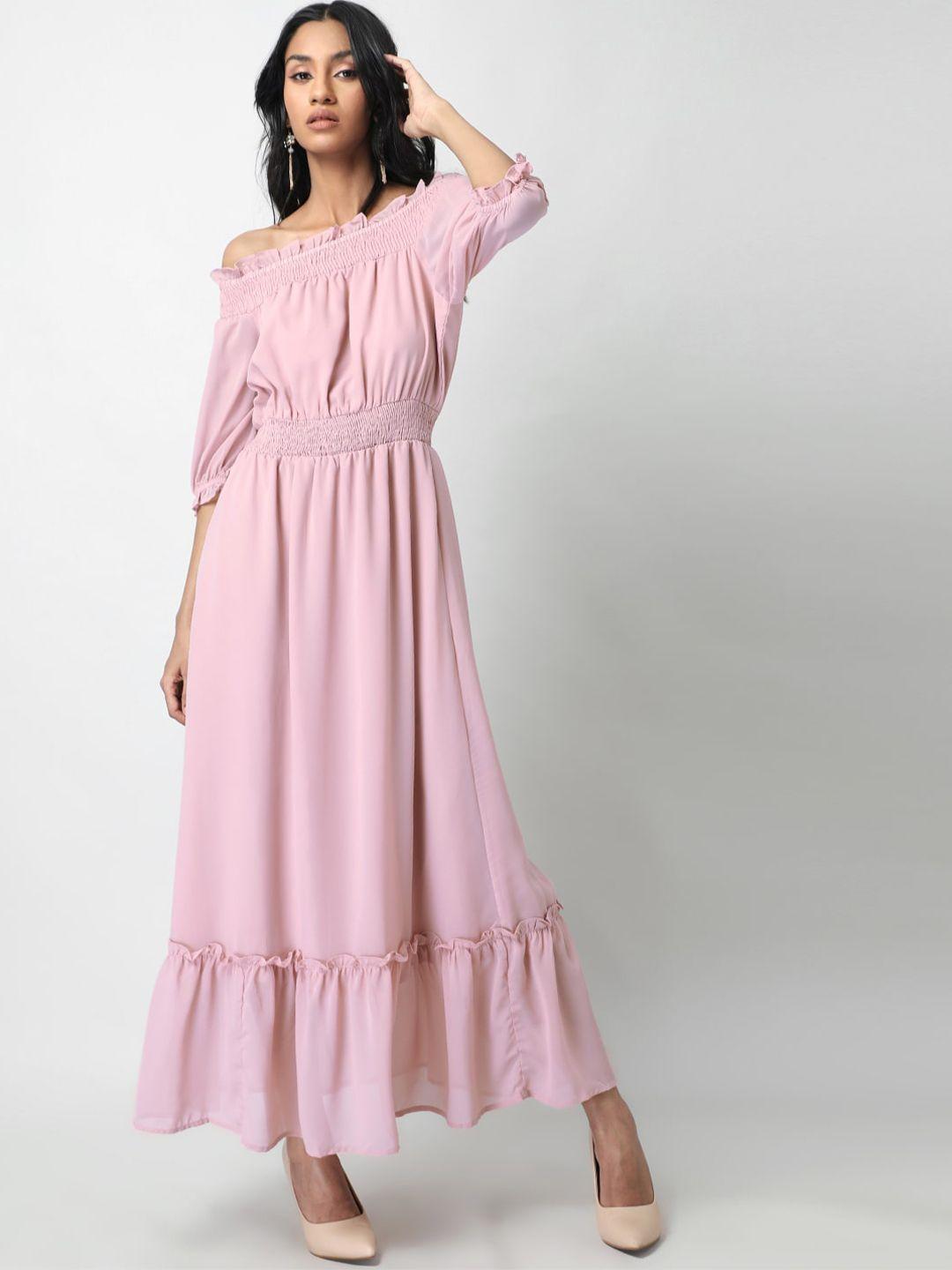 faballey pink off-shoulder smocked georgette maxi dress