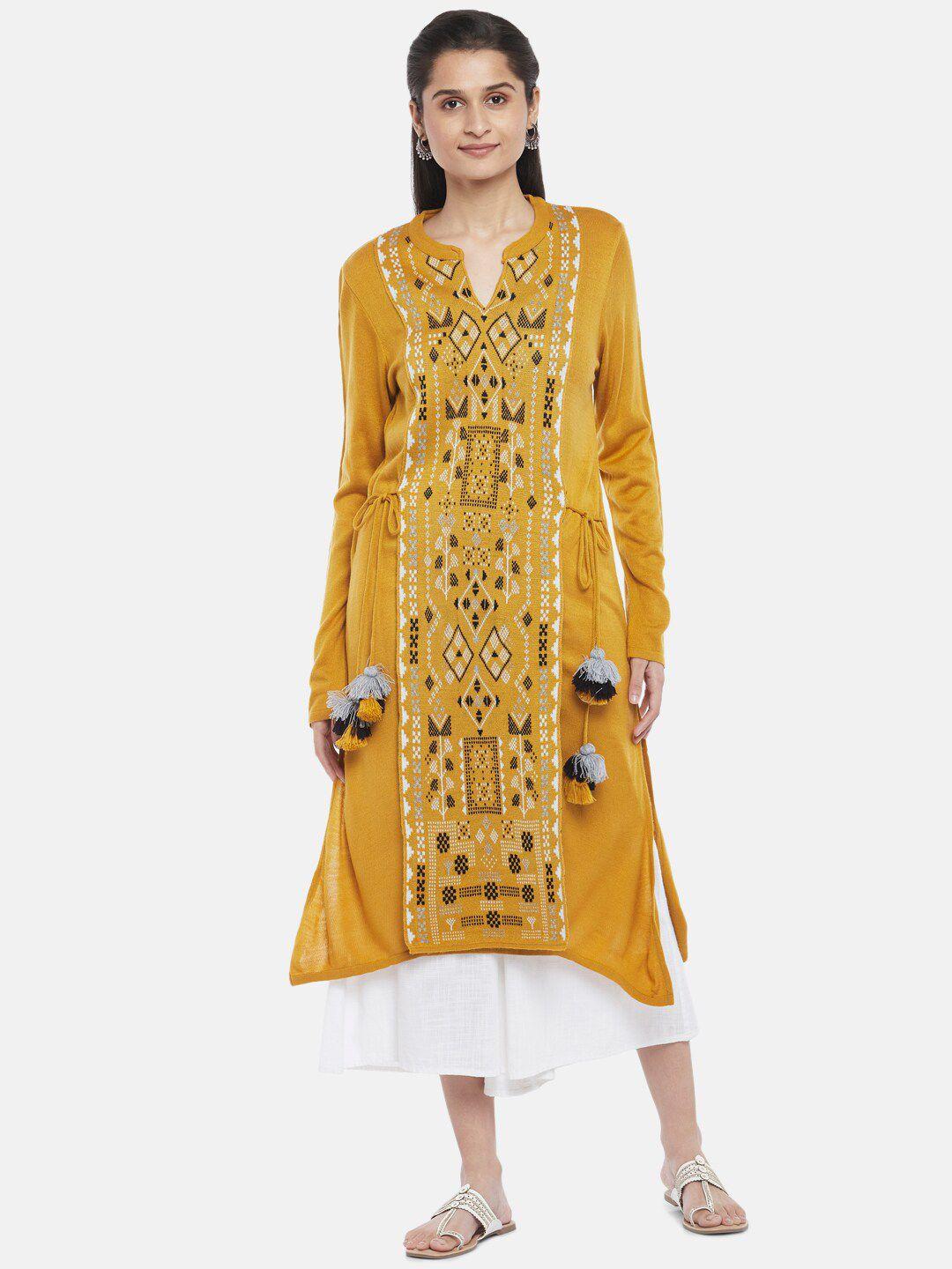 rangmanch by pantaloons women mustard yellow & black printed pure acrylic kurta