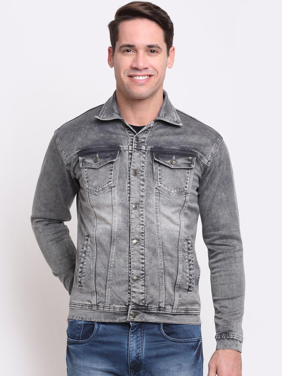 rodamo men grey slim fit washed cotton denim jacket