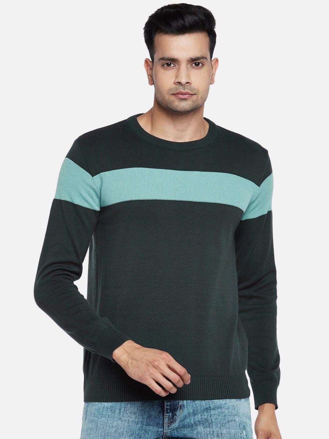 people men green & blue colourblocked pure cotton pullover