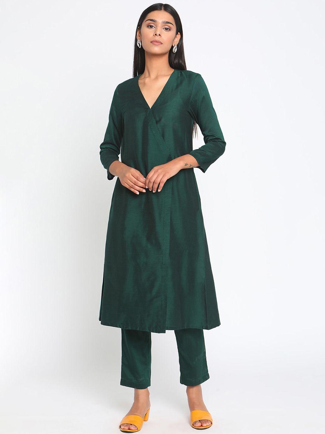 truebrowns women green angrakha kurta with trousers