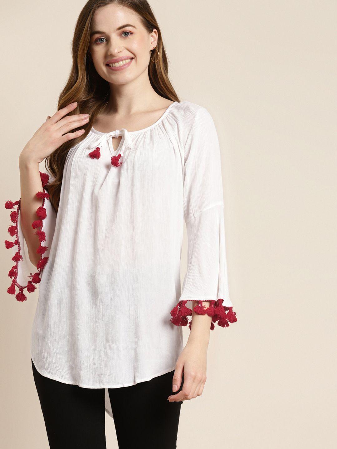 qurvii white solid tie-up neck top