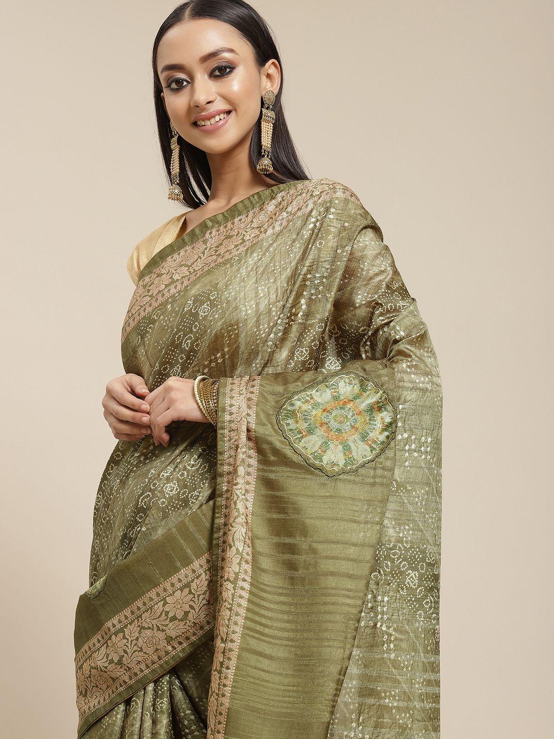 mitera olive green & beige ethnic motifs art silk saree