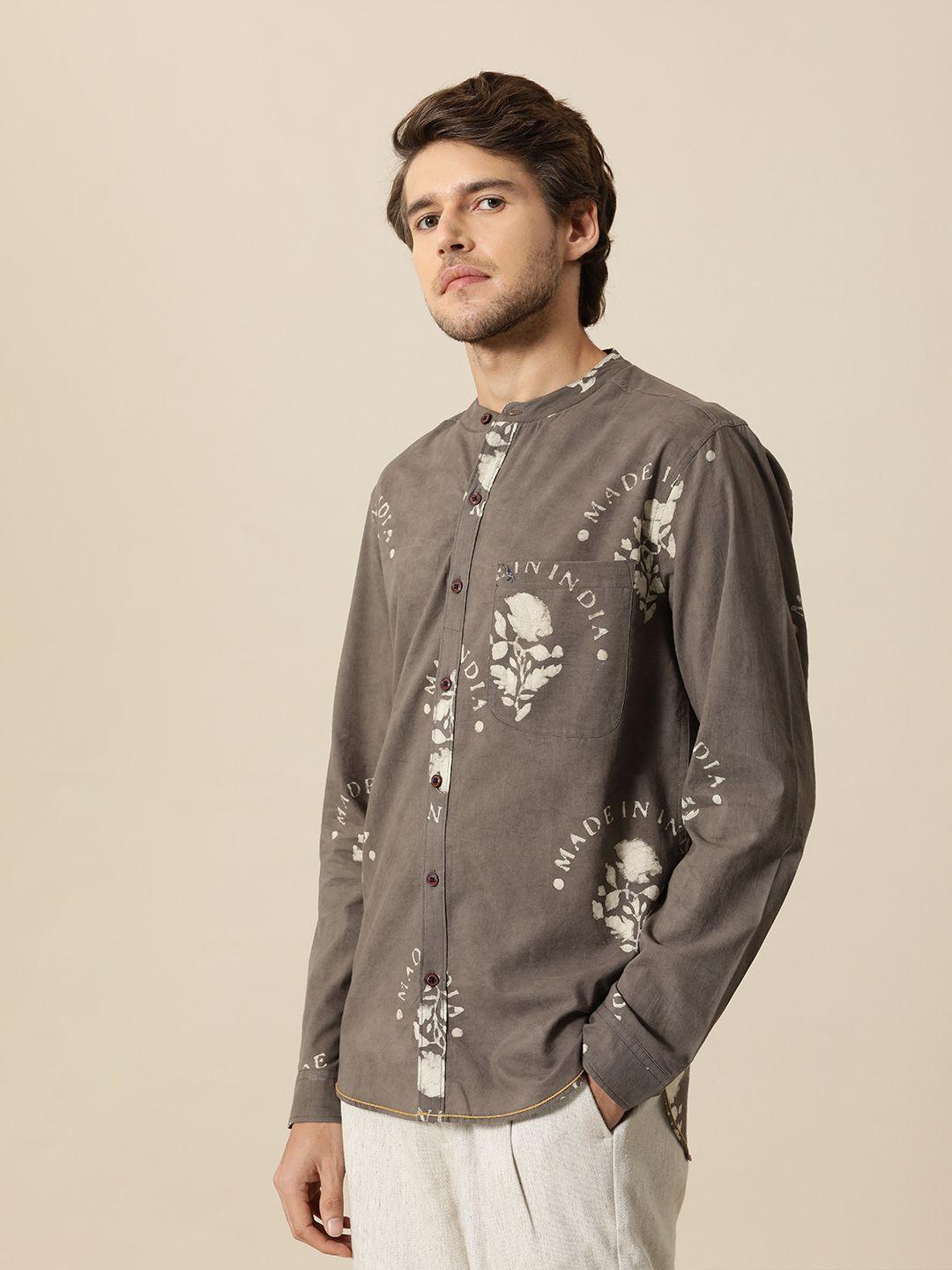 mr bowerbird men brown & off-white made in india hand block printed shirt