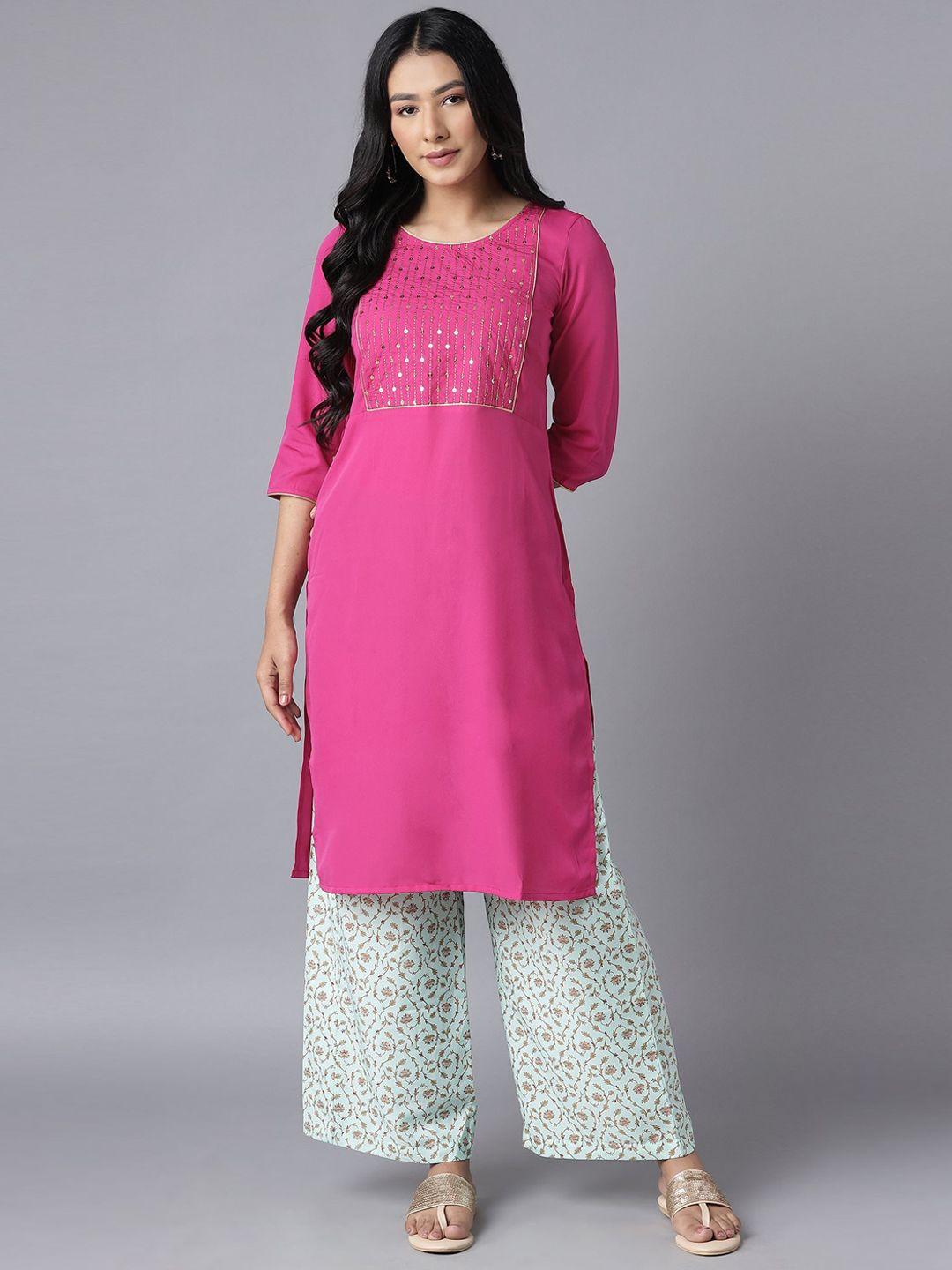 aurelia women pink floral yoke design regular kurta with palazzos