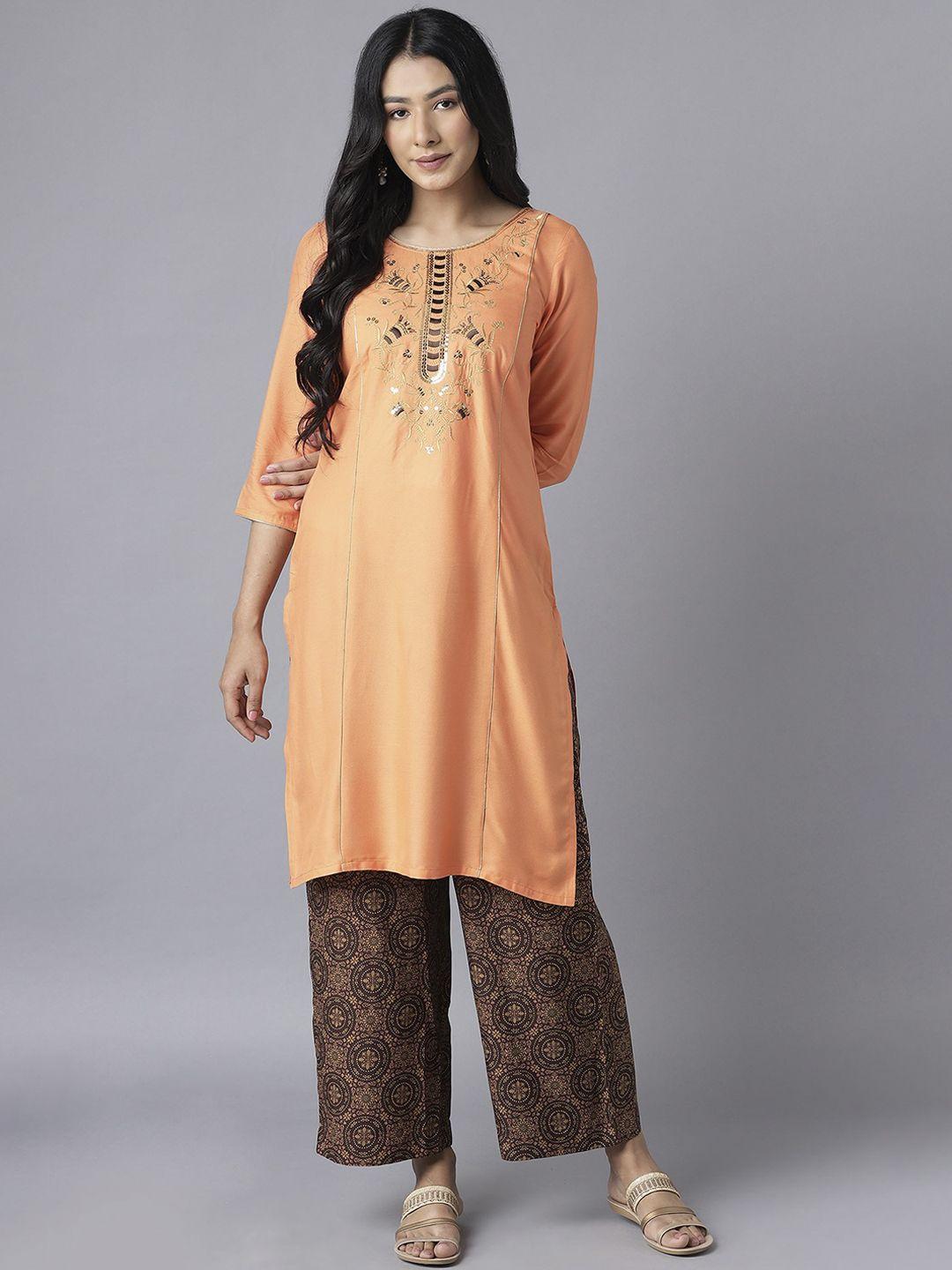 aurelia women orange & brown ethnic motifs embroidered regular kurta with palazzos