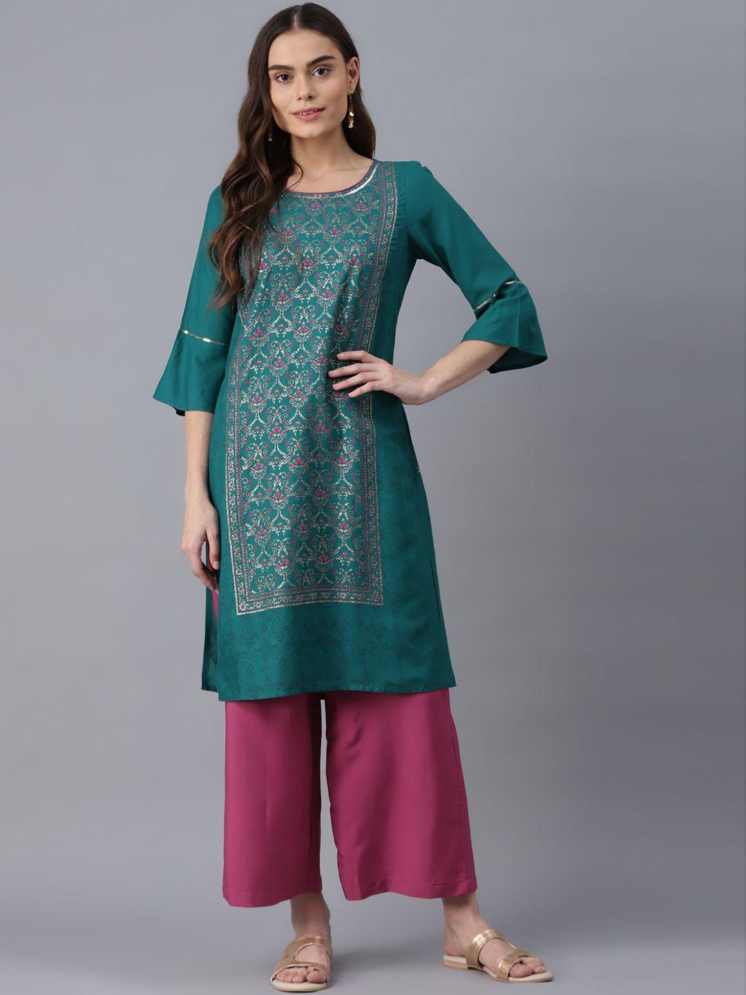 aurelia women teal blue & magenta floral printed regular kurta with palazzos