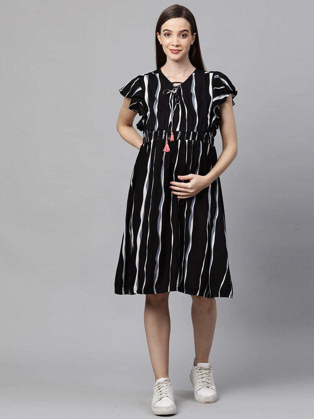 momtobe women black & white striped maternity nursing a-line dress