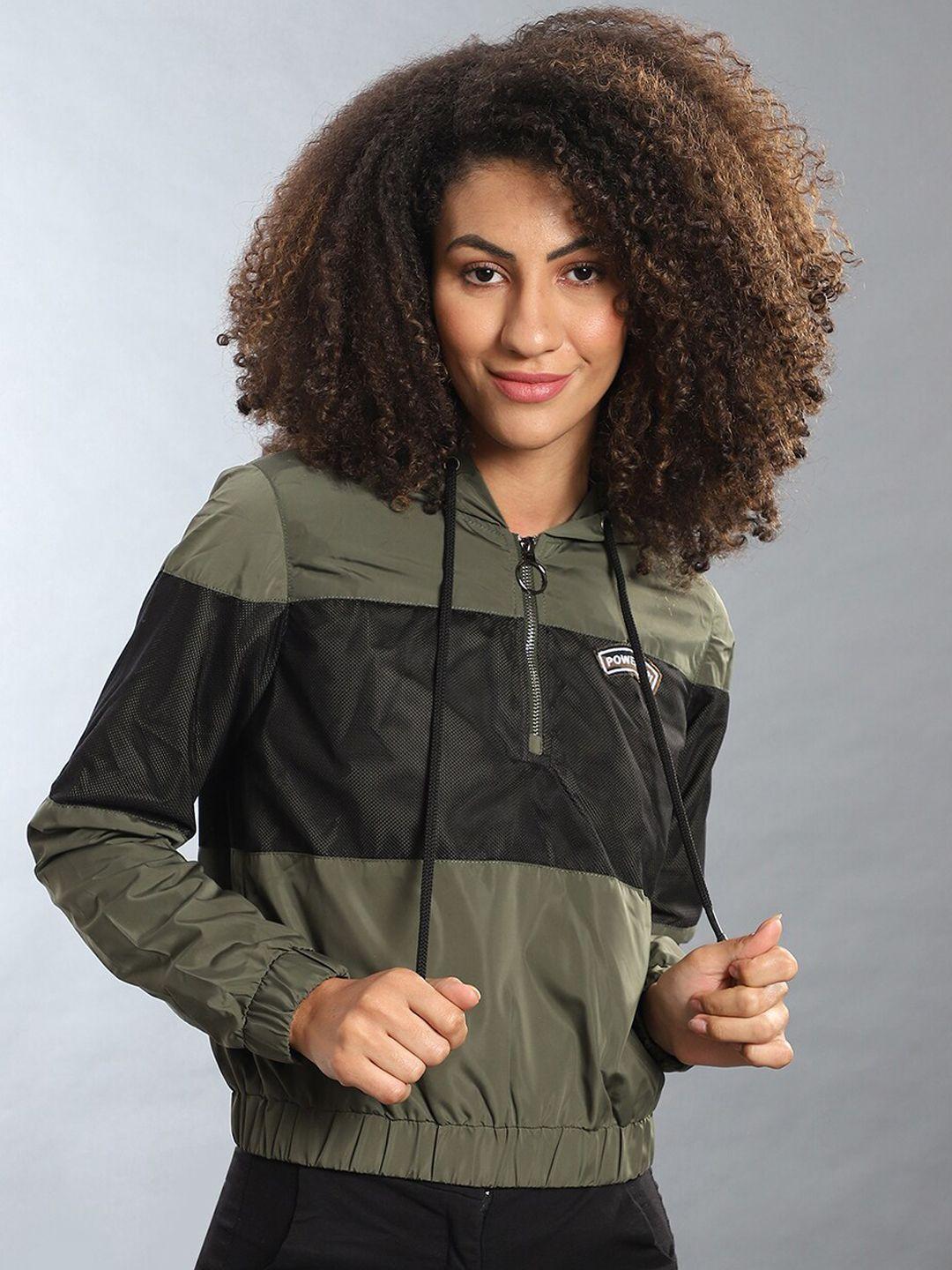 campus sutra women olive green & black colourblocked windcheater crop tailored jacket