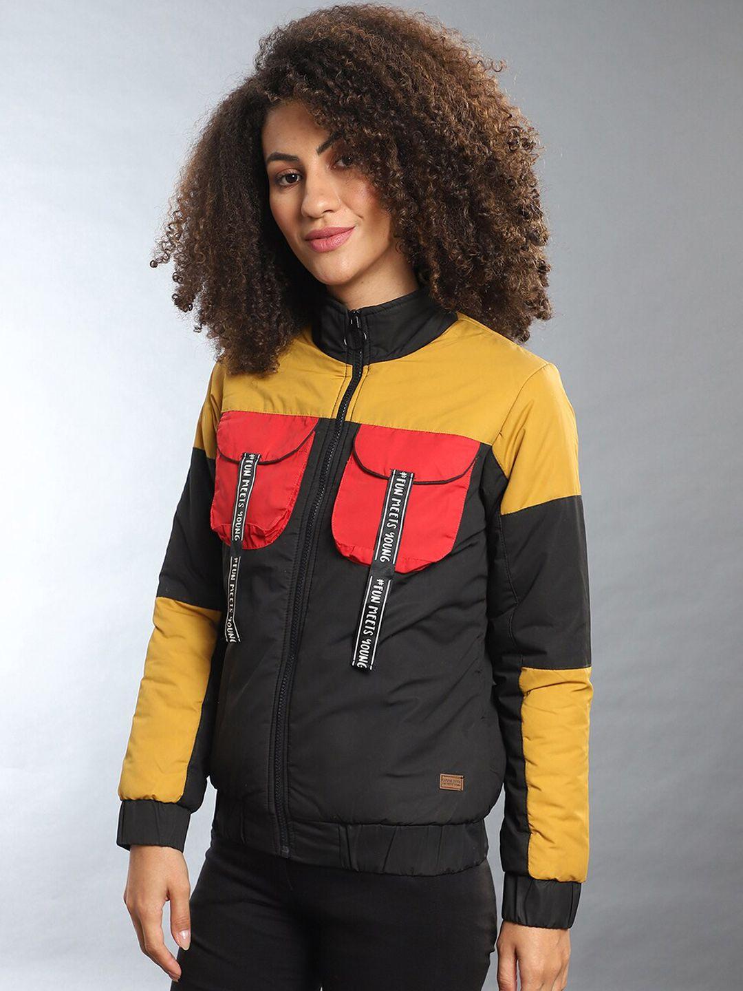 campus sutra women mustard black colourblocked windcheater bomber jacket