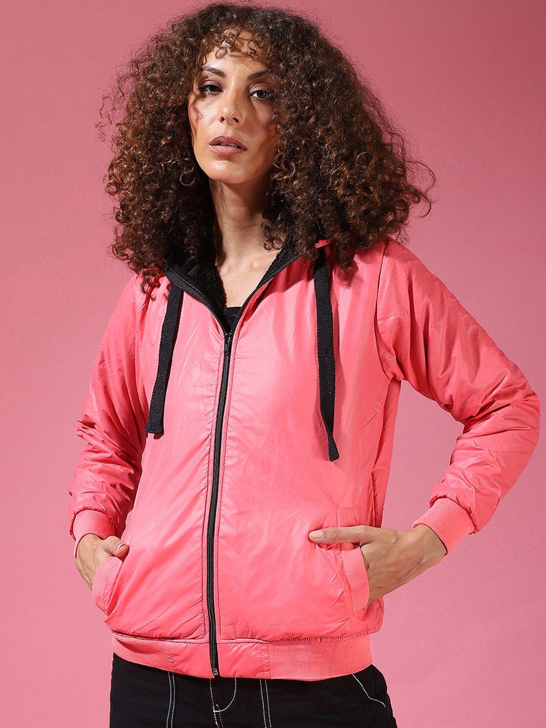 campus sutra women peach-coloured windcheater bomber jacket