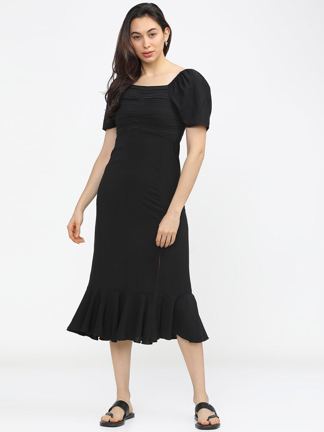 tokyo talkies black sheath midi dress with flared hem