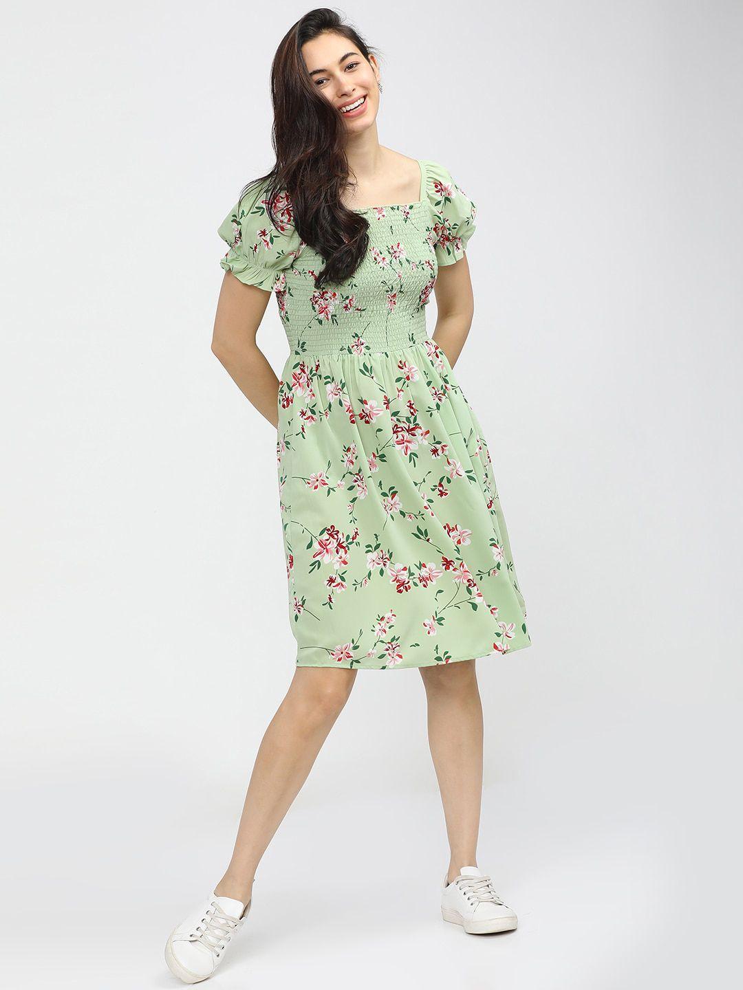 tokyo talkies green & pink floral a-line dress