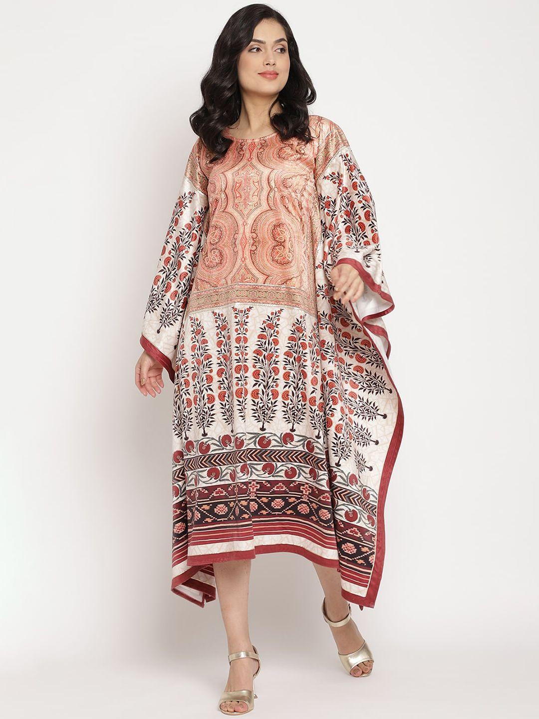 ahalyaa beige & white ethnic motifs kaftan velvet midi dress