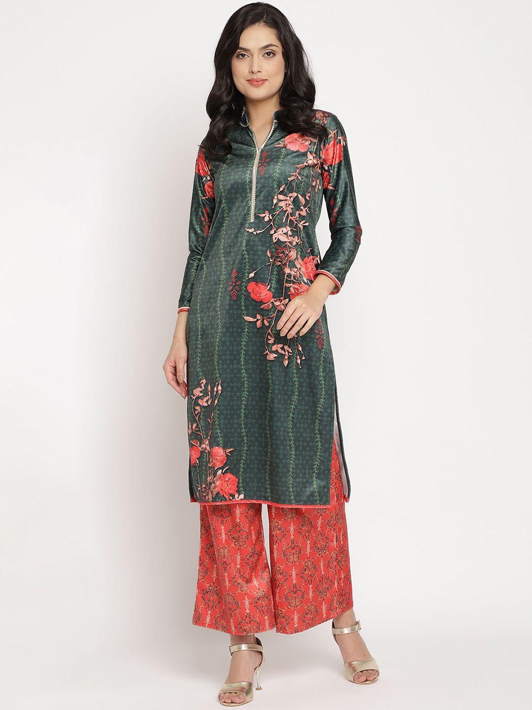 ahalyaa women green ethnic motifs printed gotta patti velvet kurta with palazzos & dupatta