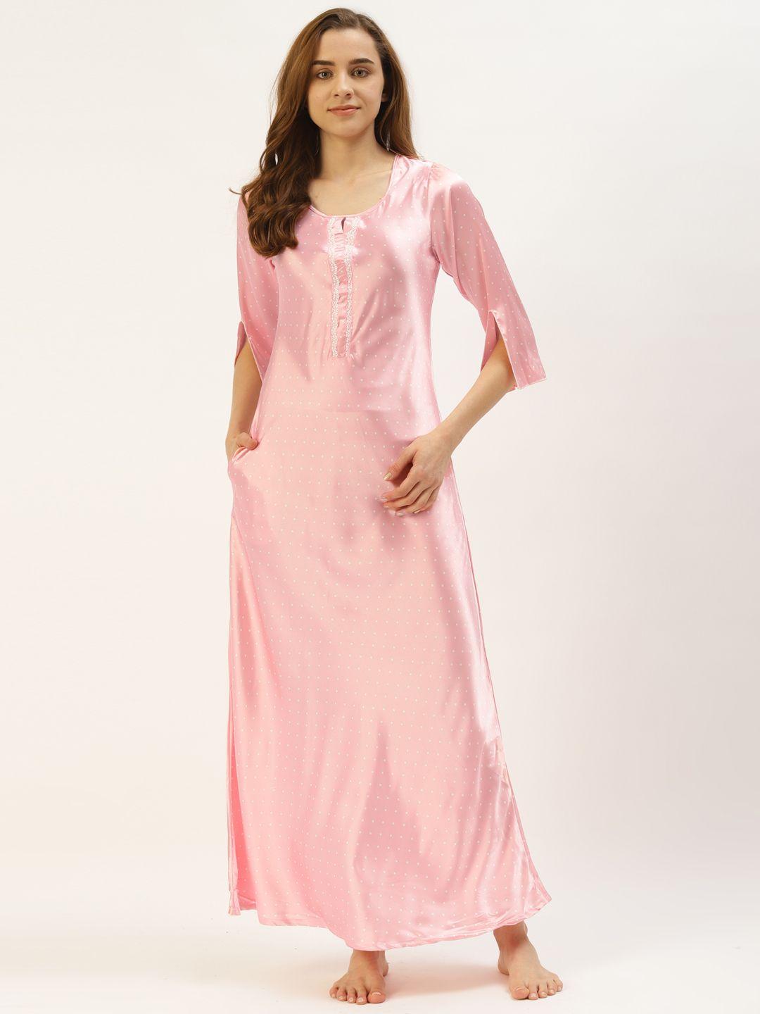 sweet dreams pink & off-white polka dot print maxi nightdress