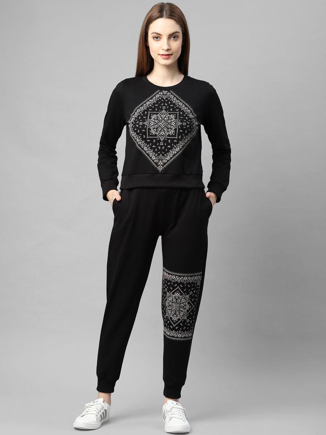 rigo women black & white printed cotton slim fit tracksuit