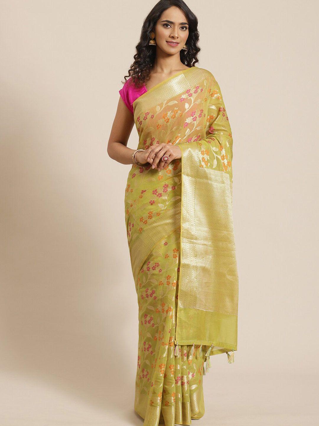 indethnic lime green & fuchsia woven design zari banarasi saree