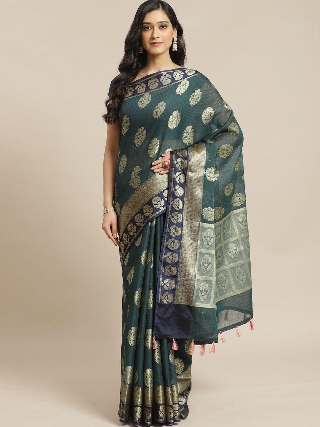 indethnic teal ethnic motifs zari banarasi saree