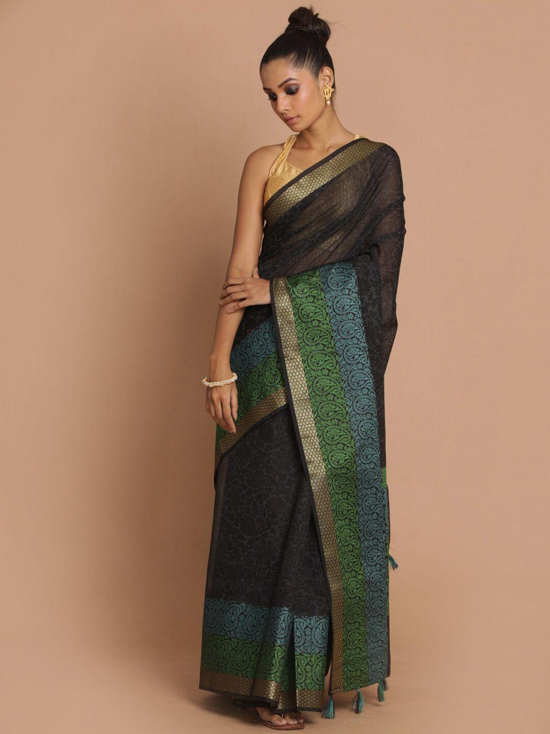 indethnic black & green floral banarasi saree