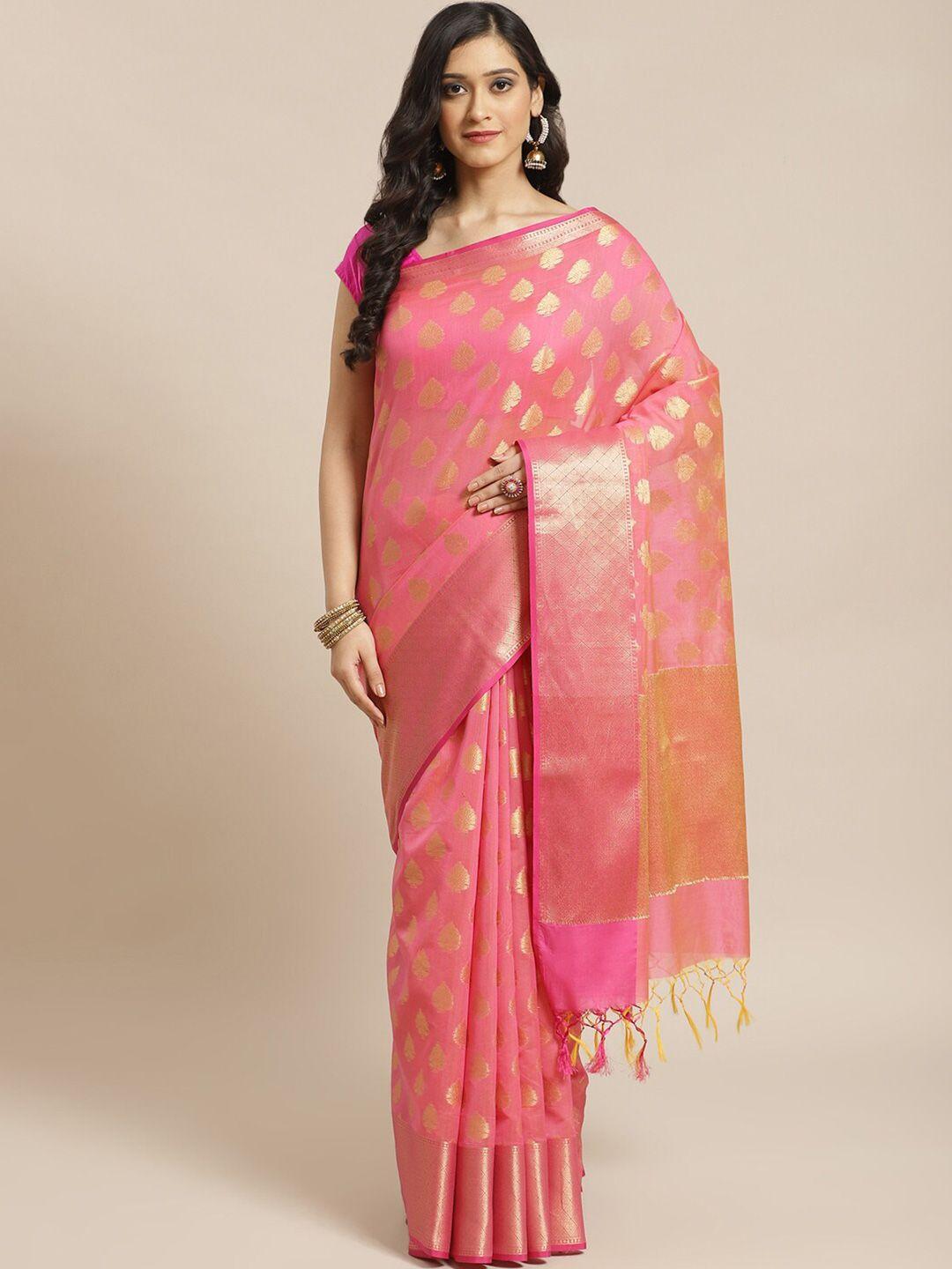 indethnic pink & gold-toned ethnic motifs woven design liva saree