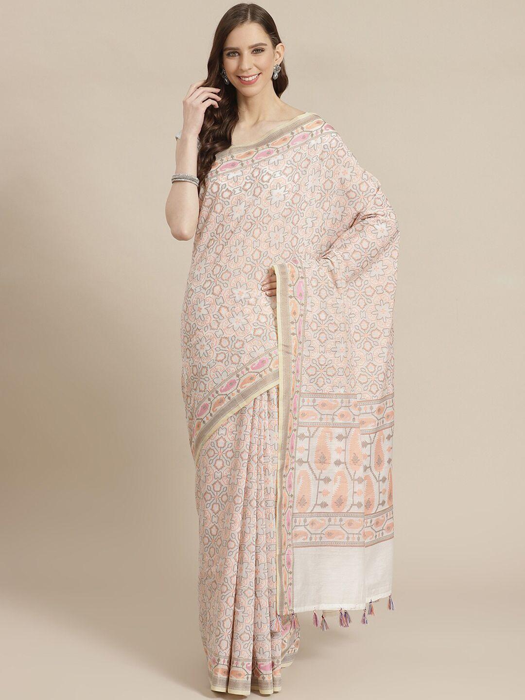 indethnic white & pink ethnic motifs banarasi saree