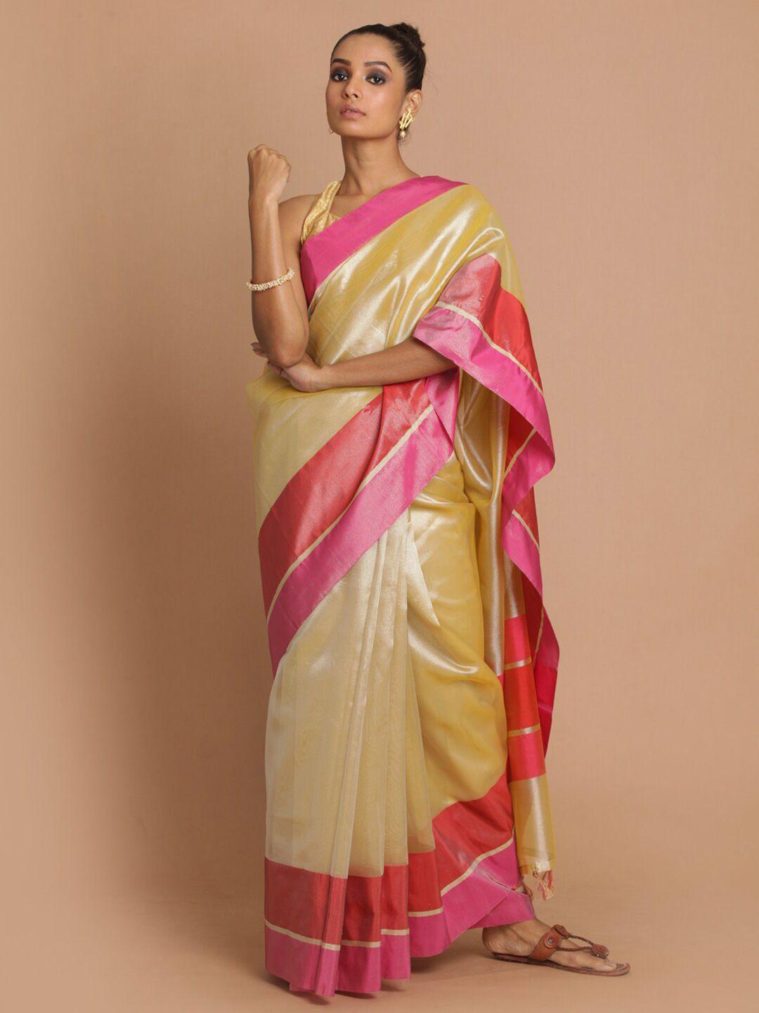 indethnic gold & pink zari banarasi saree