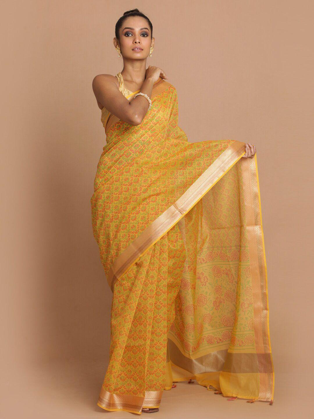 indethnic women yellow printed banarasi saree