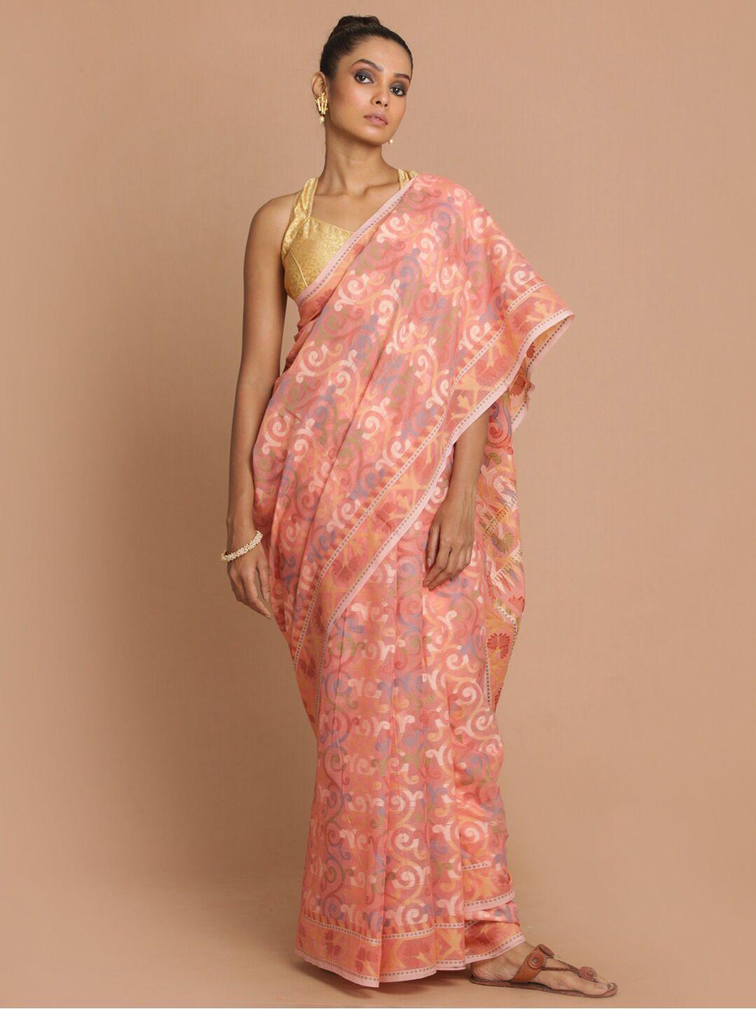 indethnic women pink woven design banarasi saree