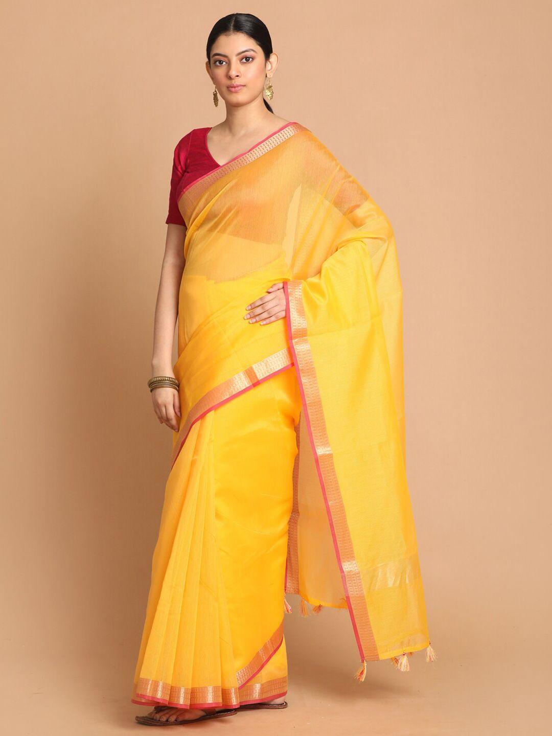 indethnic yellow & magenta zari banarasi saree