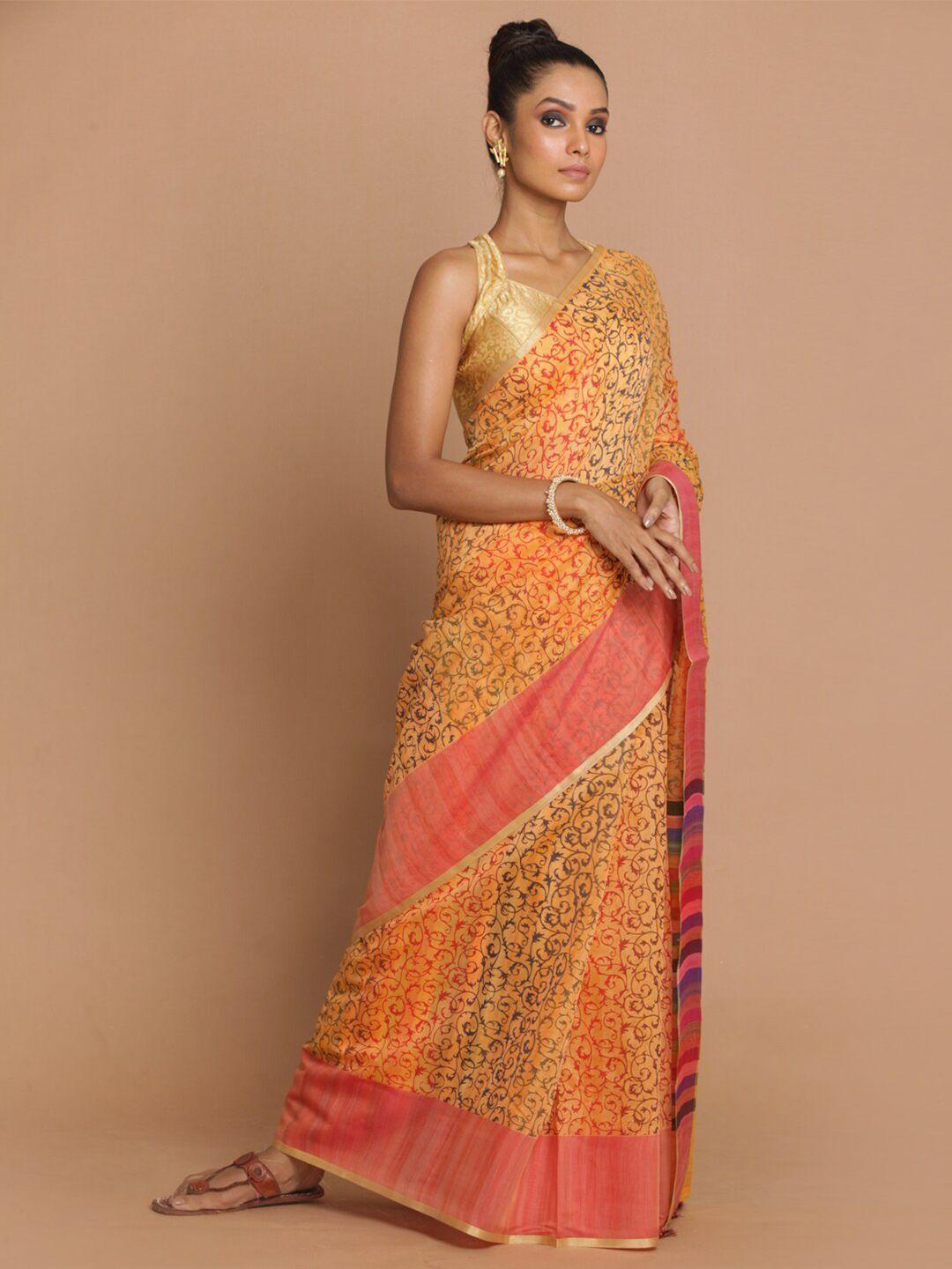 indethnic peach-coloured & pink paisley banarasi saree