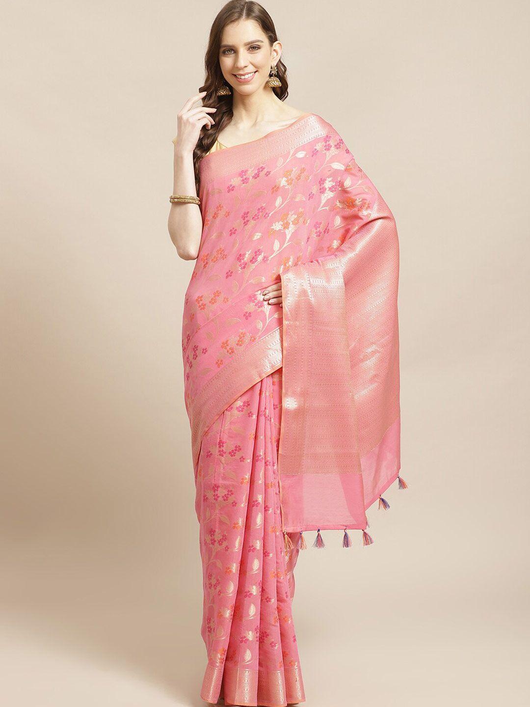 indethnic fuchsia & orange floral banarasi saree