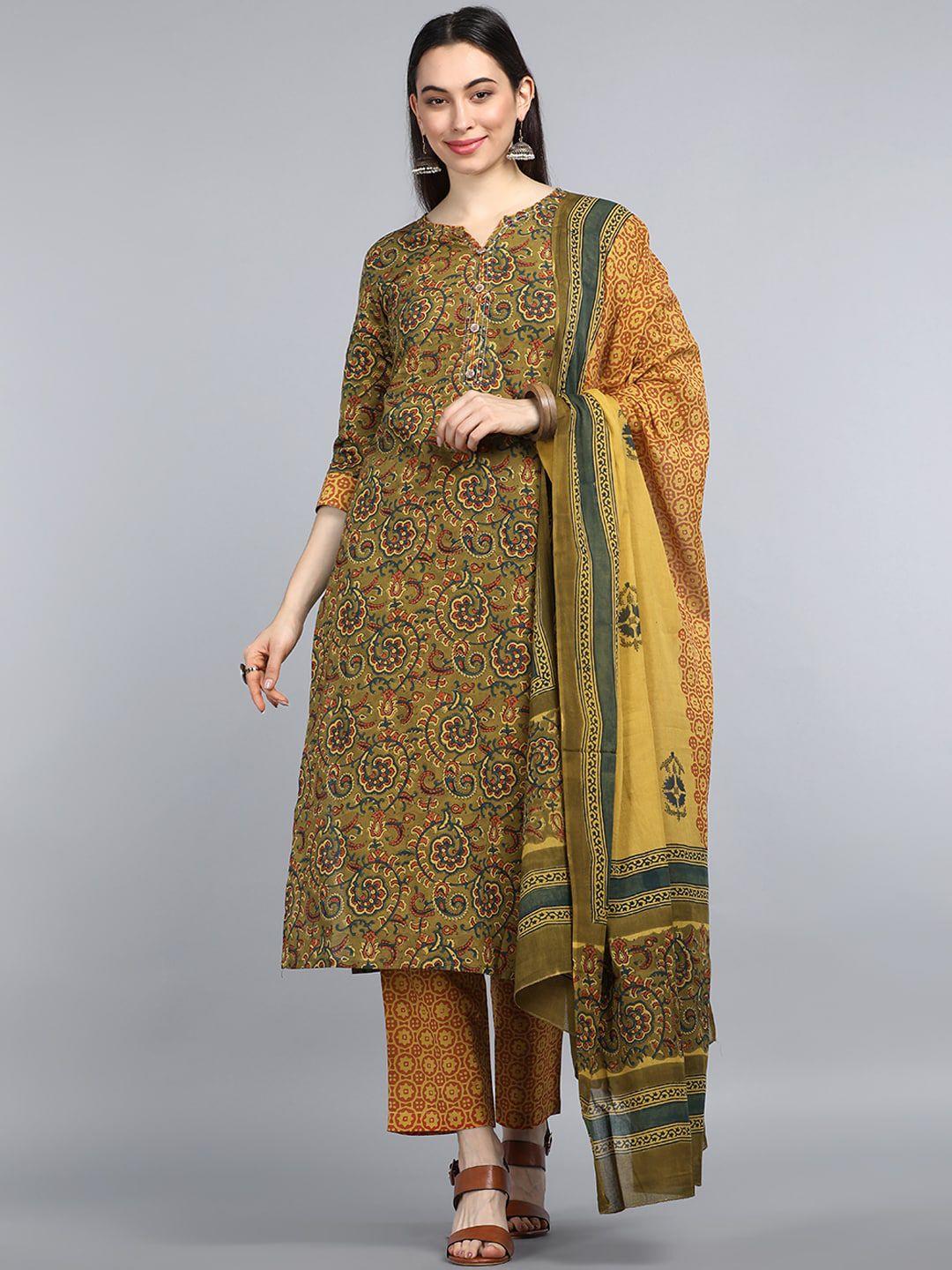 ahika women green & yellow floral printed pure cotton kurta with trousers & dupatta