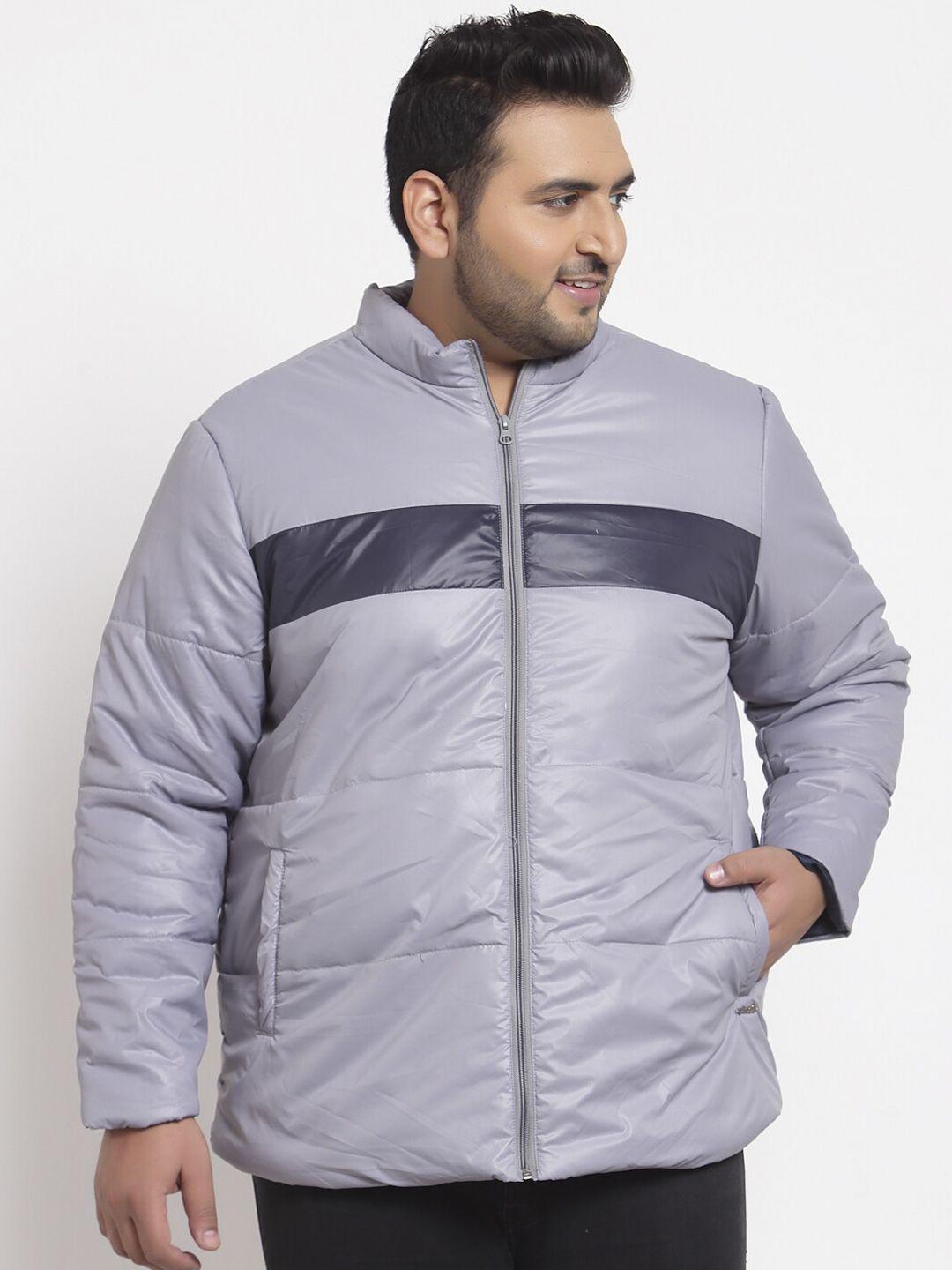 pluss men grey striped puffer jacket