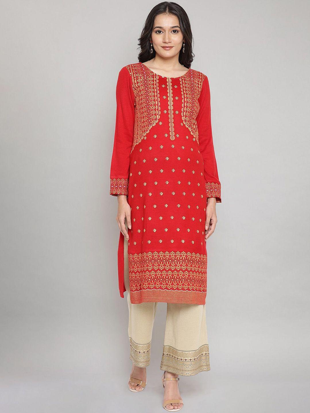 aurelia women red ethnic motifs printed acrylic straight kurta