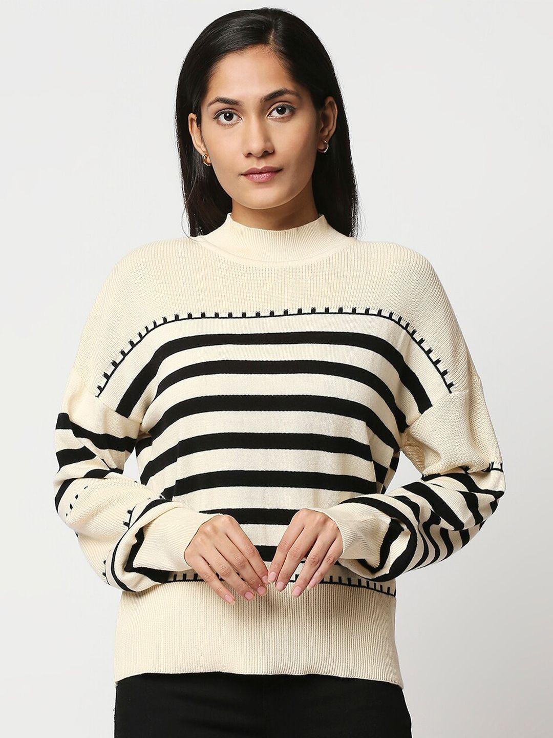 20dresses women off white & black striped pure cotton pullover sweater