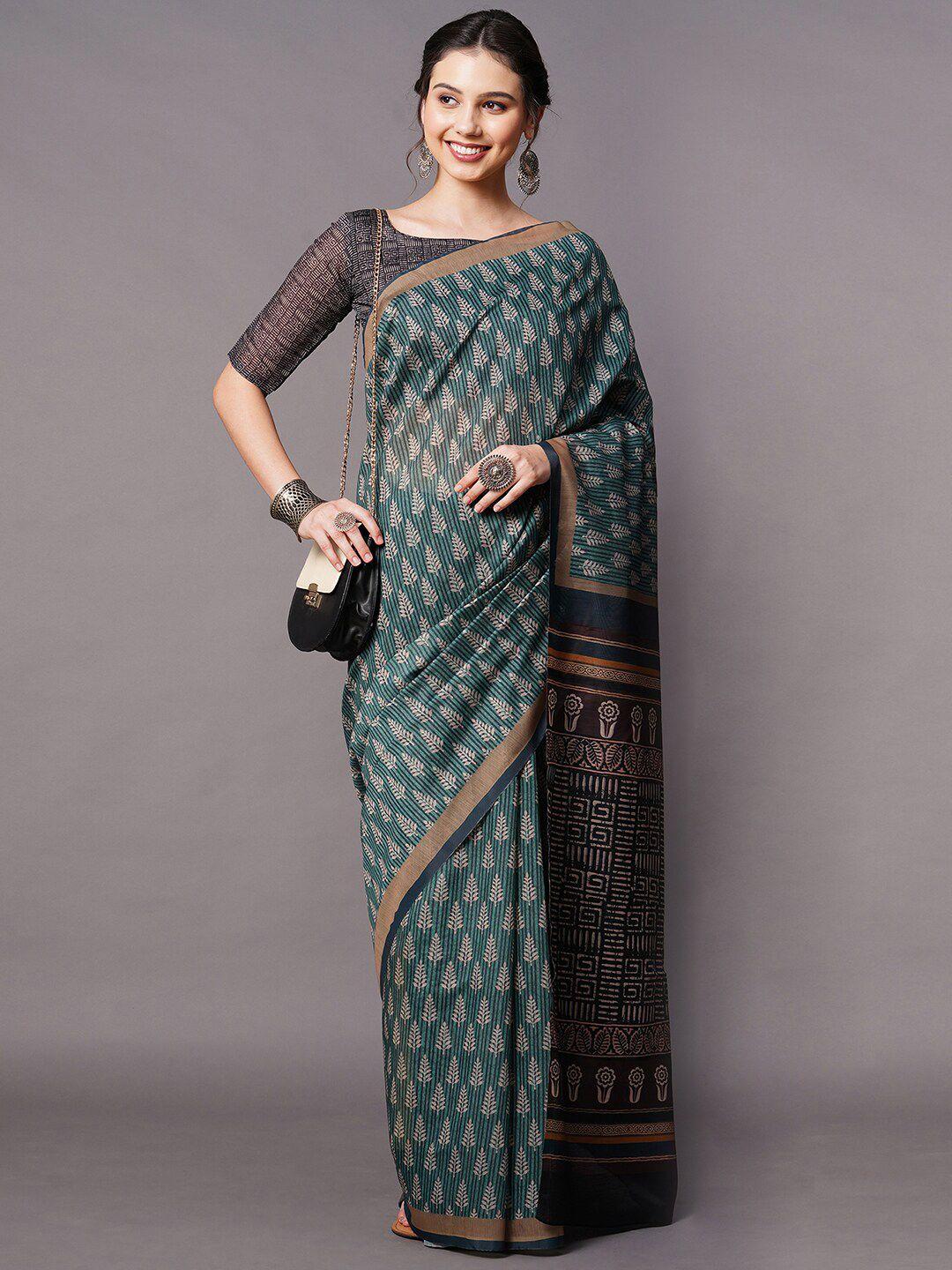 mitera teal blue & beige floral bhagalpuri art silk saree