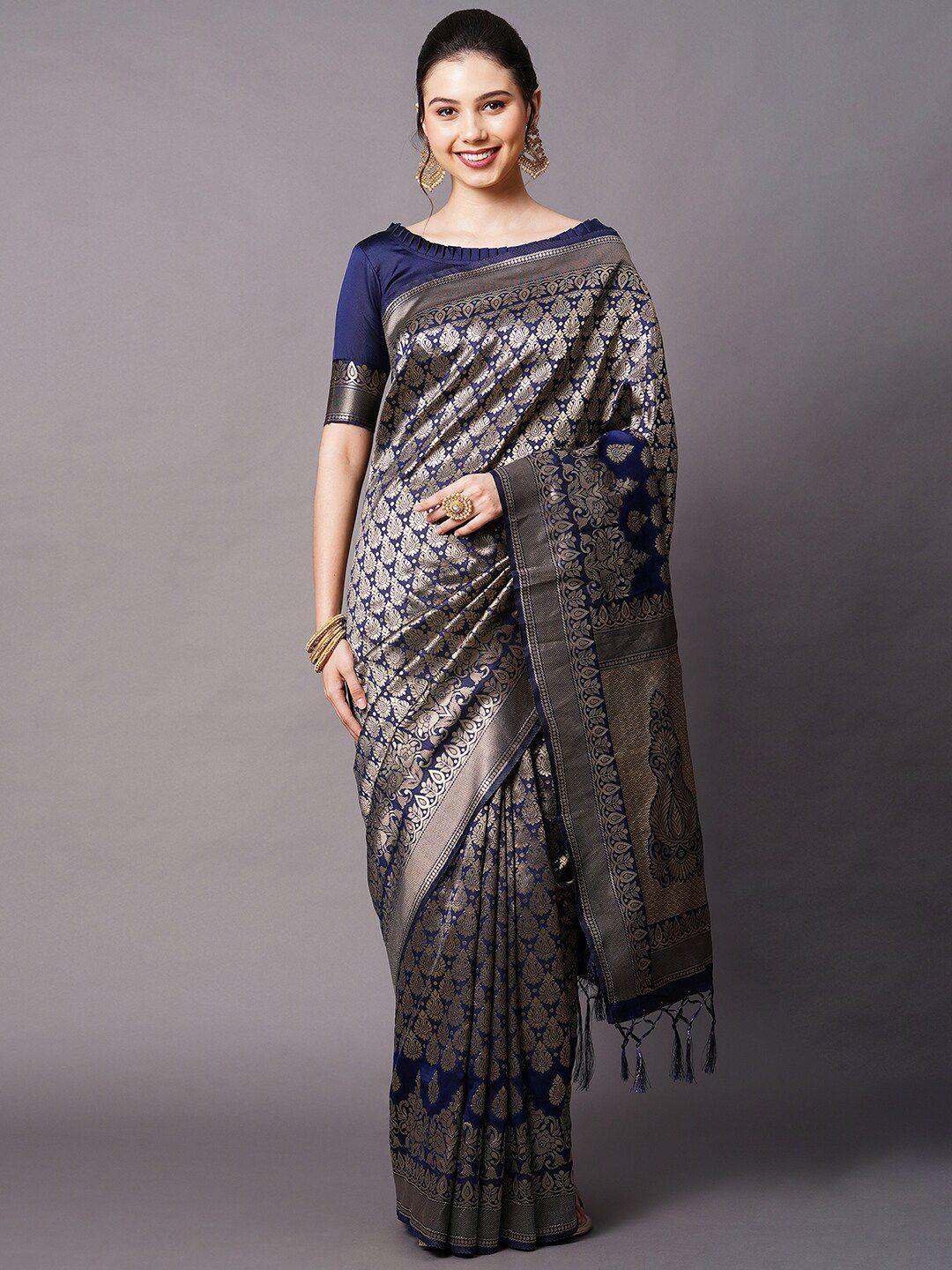 mitera navy blue & silver-toned ethnic motifs silk blend banarasi saree