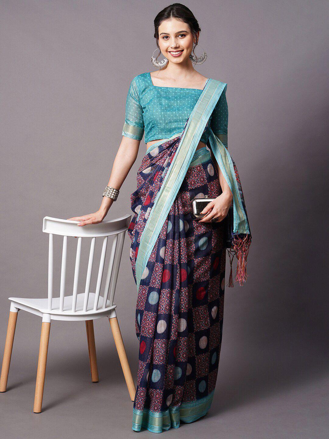 mitera navy blue ethnic motifs printed linen blend saree