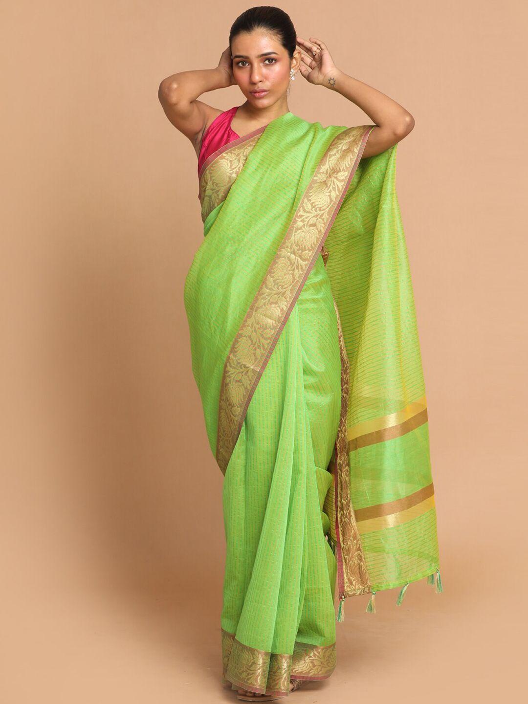 indethnic green & gold-coloured striped zari linen blend banarasi saree