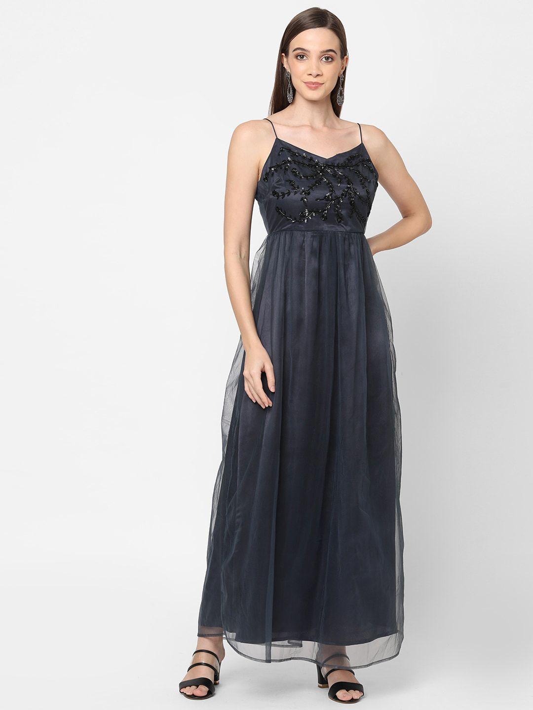 mish steel grey embellished net maxi dress